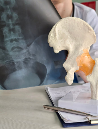 Medical discussion involving a spinal x-ray and a pelvic model at a clinic