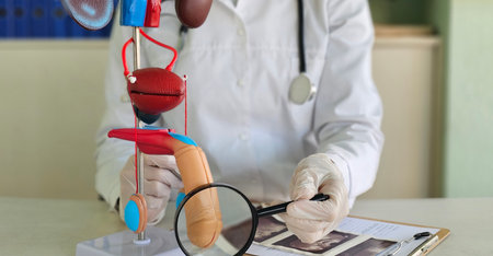 Studying a detailed anatomical model of the human reproductive system using a magnifying glass.