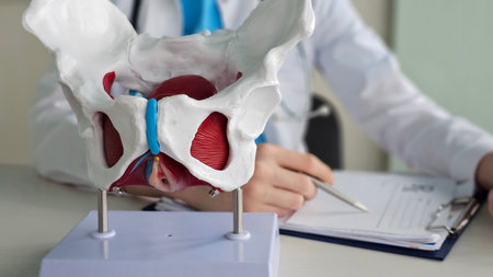Detailed view of a pelvic model with a medical professional examining notes in a clinical setting