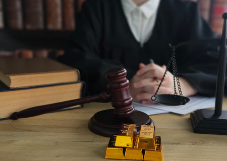 Judge prepares for courtroom session with legal documents and gold bars on the tableの写真素材