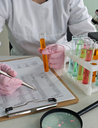 Laboratory analysis involving test tubes, data recording, and scientific equipment during a research...
