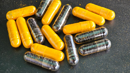 Natural health supplements displayed on a dark surface during a wellness routine