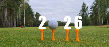 Golf 2026 and New Year number with golf ball on a grassy field. New golf seasonの写真素材