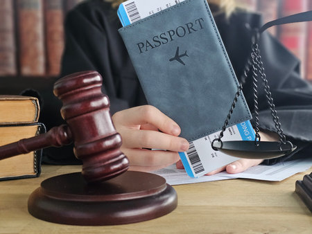 Legal documents and travel essentials on a desk with a gavel, passport, and flight ticketの写真素材