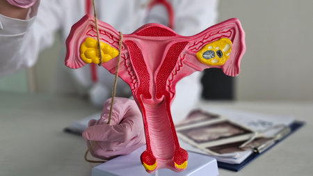 Doctor gynecologist ligates fallopian tubes on example of layout female reproductive systemの写真素材