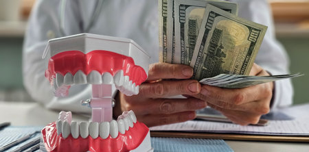 Dentist counting cash while showcasing dental model in office settingの写真素材