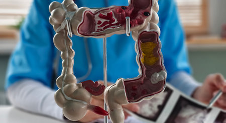 Detailed model of the human digestive system intestine in a medical office during a consultationの写真素材