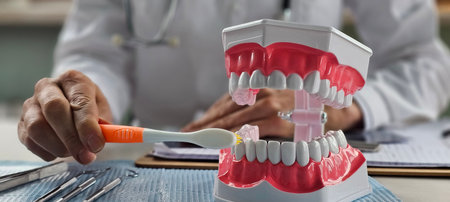 Dental professional demonstrates proper brushing technique on model teeth during patient consultation in a clinicの写真素材