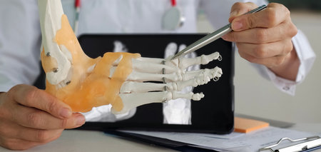 A physician in a white coat presents a detailed foot model, ideal for patient education or...