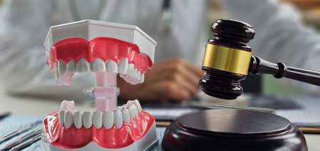 Dental models and gavel on a desk in a professional setting related to dental law and ethics