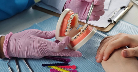 Orthodontic consultation demonstrating braces application with dental model in clinic setting