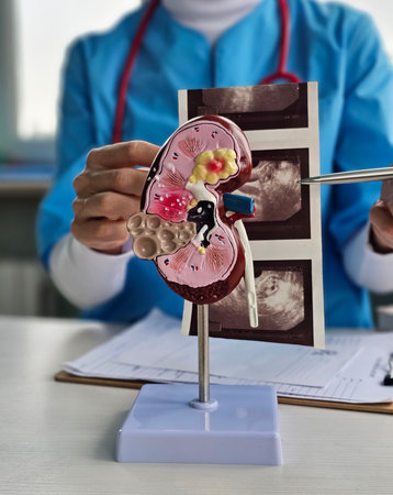 Medical professional explains kidney model alongside ultrasound images in a clinical setting