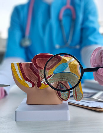 Medical professional examines a detailed anatomical model of the human urinary system with a...