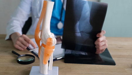 Knee joint model displayed next to X-ray film during a medical consultation in a clinic settingの写真素材