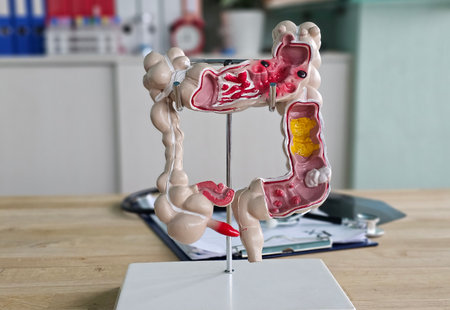 Detailed anatomical model displaying human digestive system with focus on stomach and intestines in...