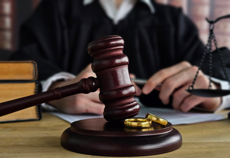 Judge holds gavel with wedding rings on desk during court session in a legalの写真素材