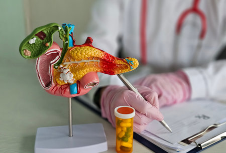Detailed model of the pancreas used for medical education in a clinical setting with a doctor observingの写真素材