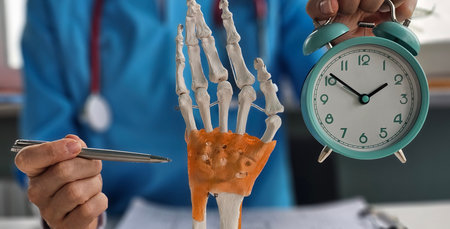 Medical professional examines skeletal hand model while holding clock in clinic during consultation