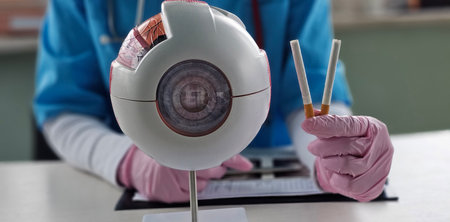 Doctor eye anatomy cigarette. Does smoking affect vision. Damage to blood vessels from nicotineの写真素材