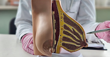 Female doctor explains disease and uses anatomical model of breastの写真素材