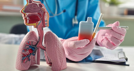 Doctor holds vape cigarettes and lung anatomy. Consequences of smoking electronic cigarettes vape. Harm of electronic cigarettes and influence of electronic cigarettes on human bodyの写真素材