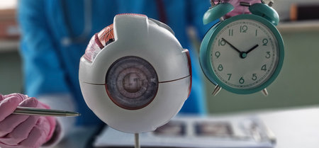 Ophthalmologist shows time on alarm clock holding eye model. Female doctor underscores significance...