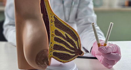 Doctor holds cigarettes and model of female breast. Nicotine promotes metastasis of breast cancer