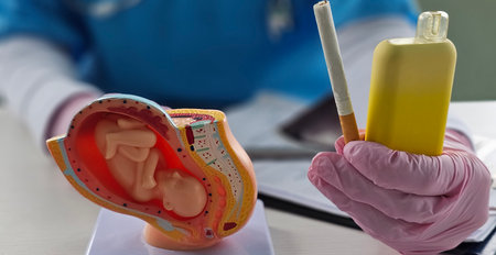 Gynecologist holds cigarette and vape with warning about dangers of smoking during pregnancy.の写真素材