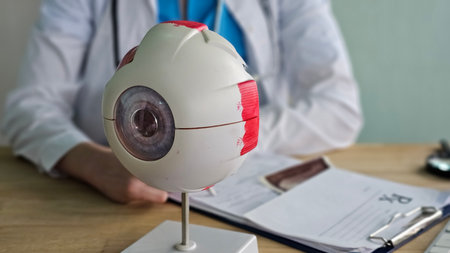 Model of an eye with a medical professional present in a clinic setting during a routine examinationの写真素材