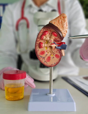 Medical professional examines kidney model with urine sample in laboratory settingの写真素材