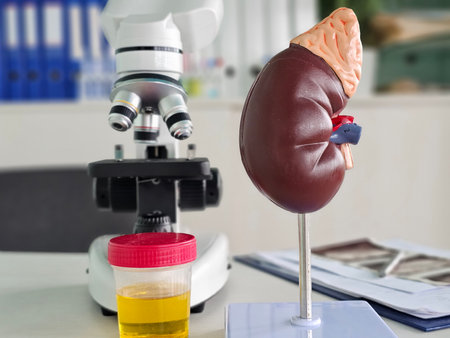Model of a kidney next to a microscope and urine sample on a table in a laboratory settingの写真素材