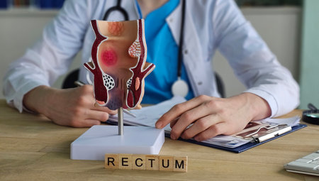 Doctor examines a model of the rectum while discussing medical concerns in a clinical settingの写真素材