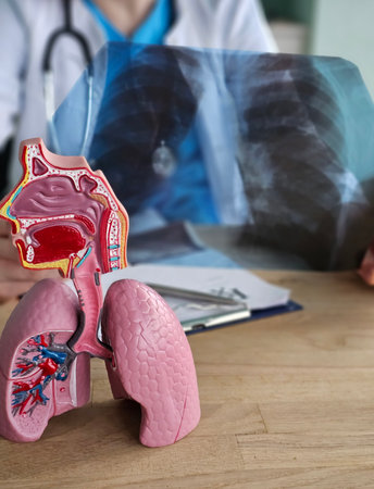 Doctor examines lung model and X-ray in medical office for patient diagnosisの写真素材
