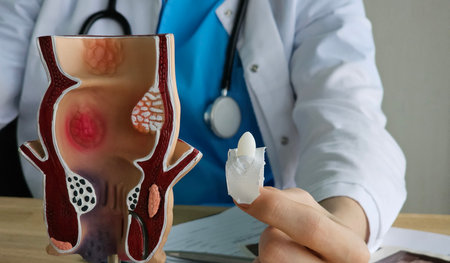 Proctologist doctor holds rectal suppository and artificial model of human rectumの写真素材