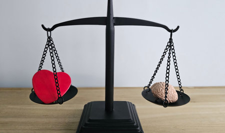 Balance between heart and mind represented by a scale with a heart and brain modelの写真素材