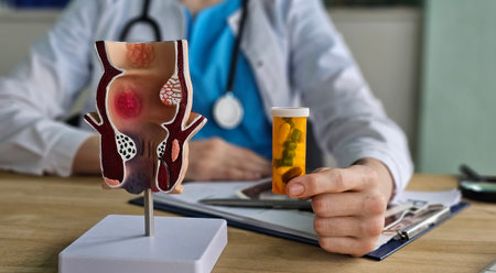 Doctor holds medicine to patient with rectal model. Chronic hemorrhoids causes, symptoms and treatmentの写真素材