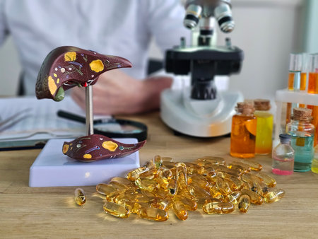 Model of liver with capsules and laboratory equipment in research setting during a study on...