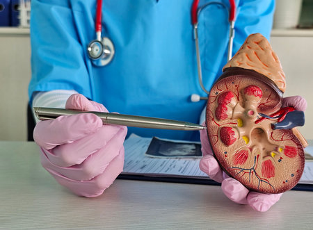 Medical professional demonstrates kidney model in clinic to explain anatomy and function to patients...