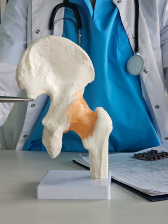 Medical professional examining a hip joint model during a consultation in a health clinic setting