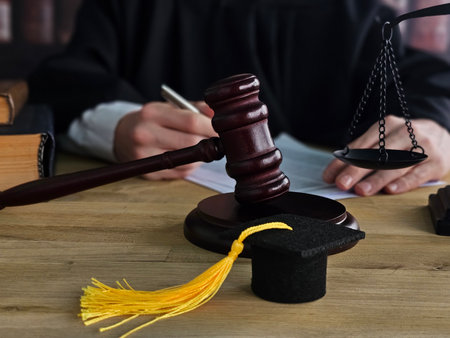 Gavel, scale, and graduation cap on table during legal proceedings in a courtroom settingの写真素材