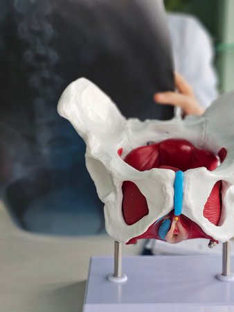 Doctor examining female pelvis and x-ray in clinicの写真素材