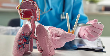 Doctor examines model of lungs while holding cigarettes in a clinical setting to emphasize smoking...