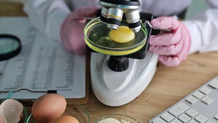 Scientist examines egg sample with microscope in a lab setting during daytime hours