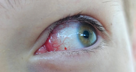 Closeup of green eye with bloodshot conjunctiva. Disease inflammation of the eyes of blood vessels...