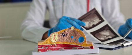 Mammologist examines result of mammographic examination of breast using x-ray scan