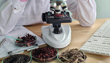 Scientist examines plant samples under microscope in laboratory setting during daytime