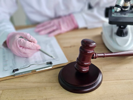 Legal professional conducting analysis with gavel and microscope on wooden desk in laboratoryの写真素材