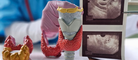 Educational display of thyroid anatomy with ultrasound images in a medical setting