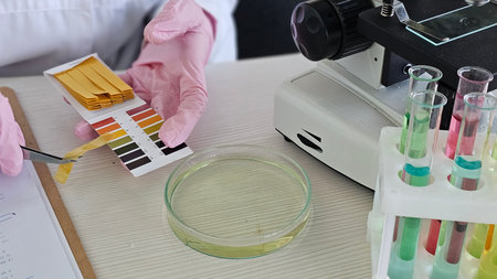 Scientist conducts a test using strips and liquids in a lab setting during daytimeの写真素材