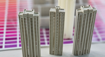 Architectural models of modern skyscrapers displayed on a colorful gradient backgroundの写真素材